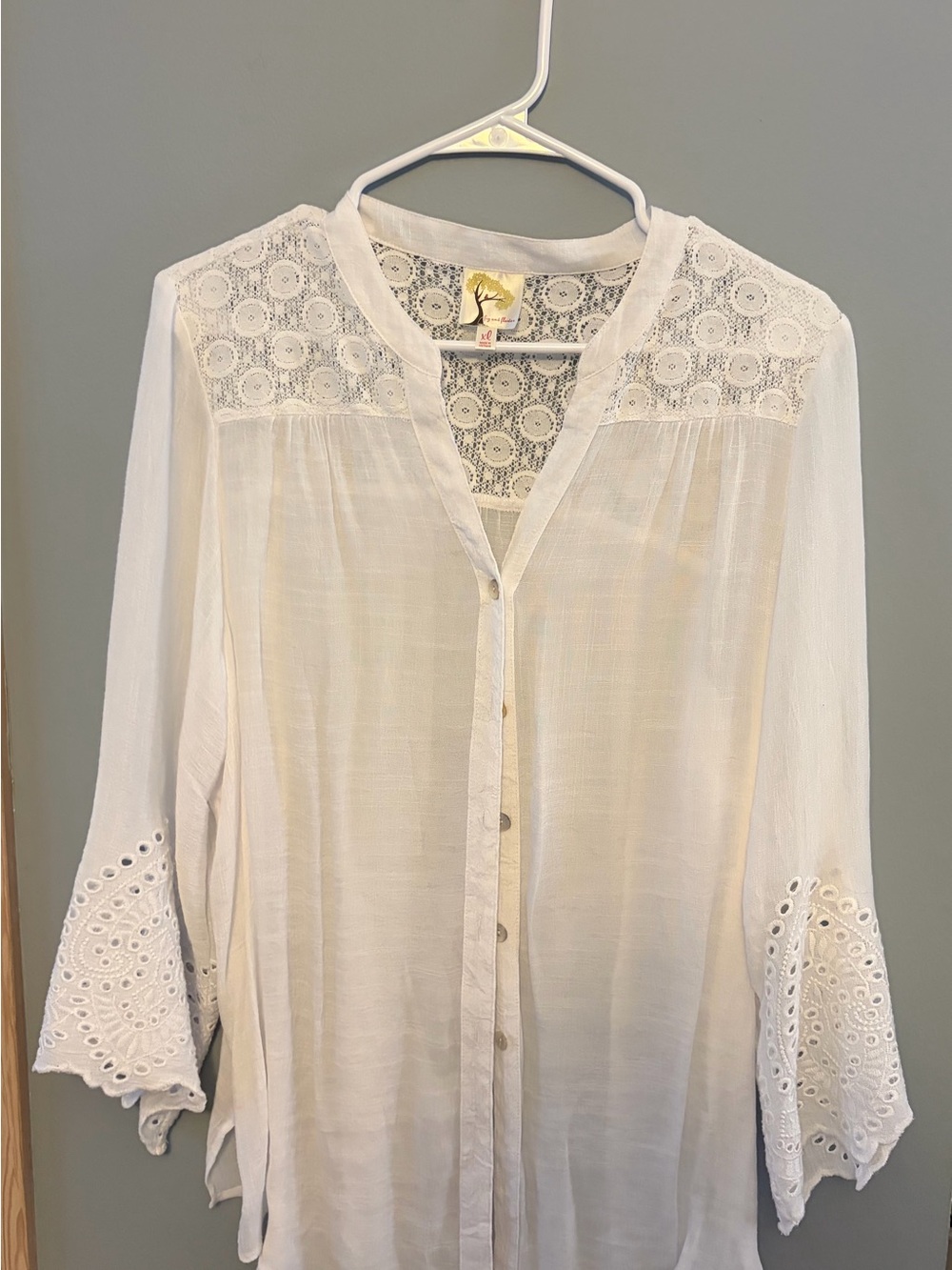 fig and flower White Lace Yoke Button-Front Tunic